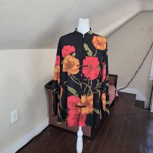 Harari 100% Silk Mandarin Collar Floral Chinese Knot Button Blouse Tunic M